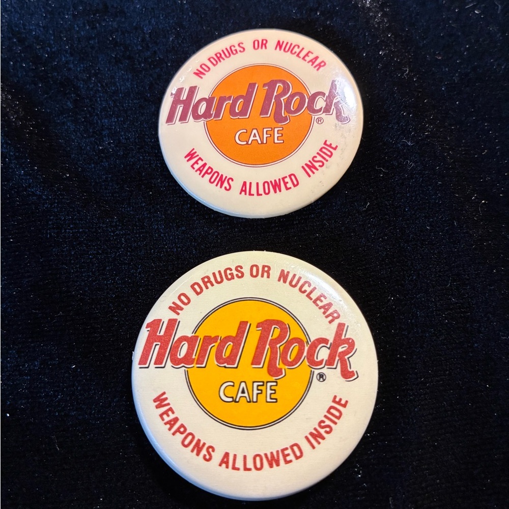 Vintage Hard Rock Café Buttons – “No Drugs or Nuclear Weapons Allowed Inside” 2